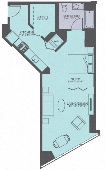 Floor plan for studio, 1 bath, 769 sqft